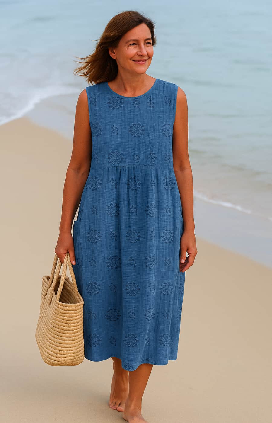 Camina™ | Embroidered Midi Dress with Natural Pockets