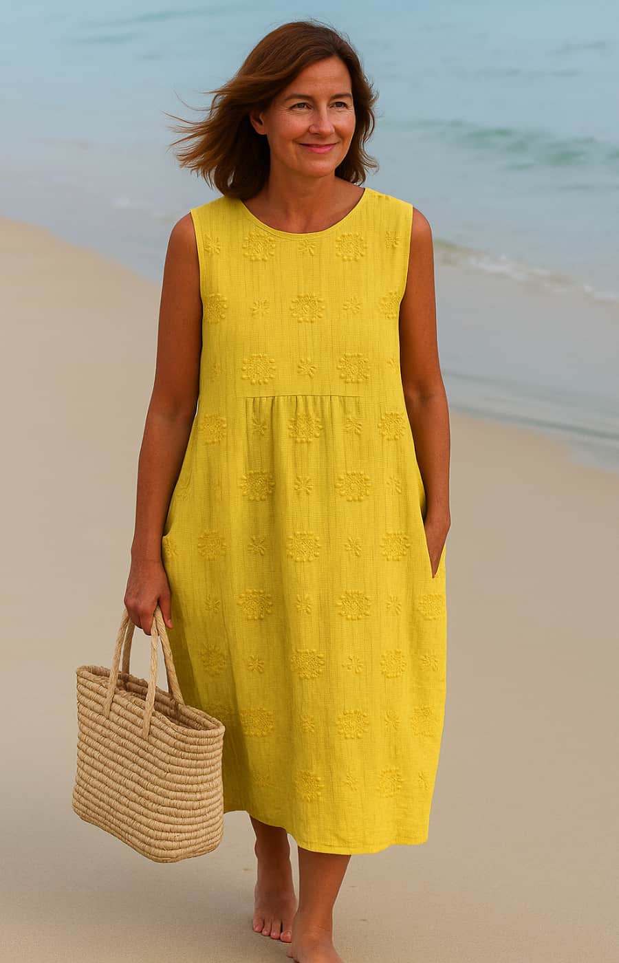 Camina™ | Embroidered Midi Dress with Natural Pockets