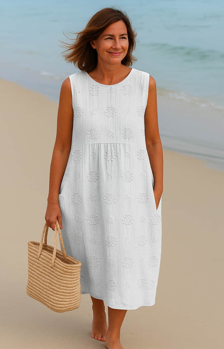 Camina™ | Embroidered Midi Dress with Natural Pockets