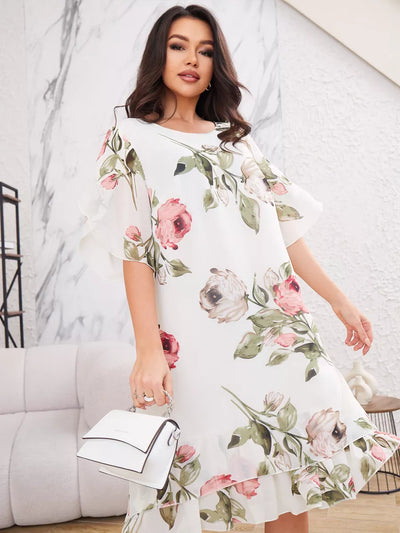 Elegant women's half-sleeved chiffon dress with print